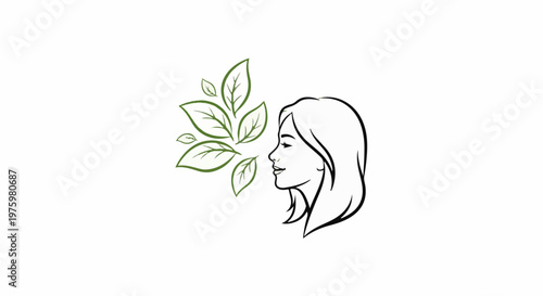 Elegant profile of woman inhaling nature's fresh green leaves