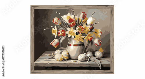 Framed still life of spring flowers in a vase with Easter eggs on a wooden table