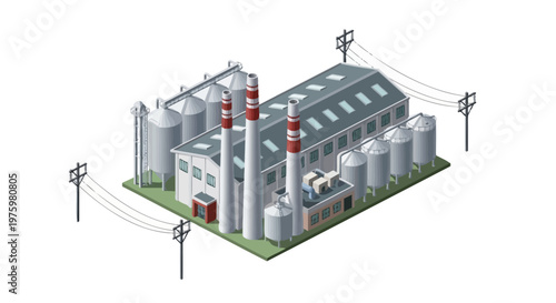 Industrial Power Generation Plant with Silos and Power Lines