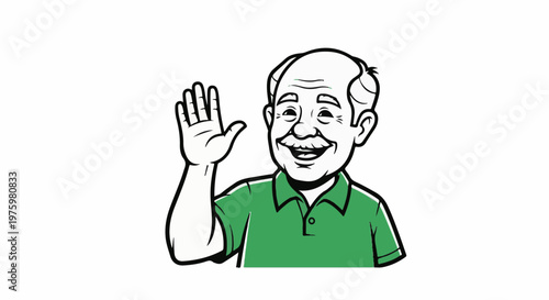 Friendly elderly man in a green polo shirt waving hello with a smile