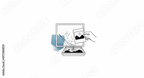 Hand dipping a small photo into a developing tray near a large screen