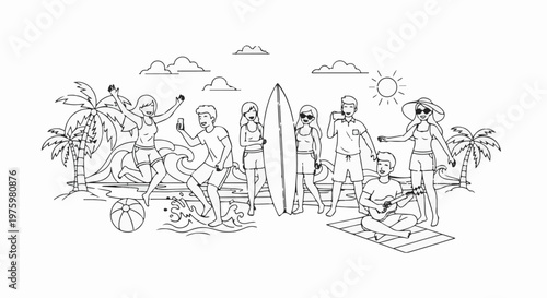 Friends enjoying a sunny beach day with surfing, music, and beach ball