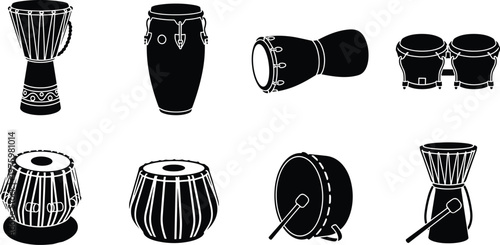 Percussion drum silhouette vector icon set featuring djembe conga tabla bongo and traditional hand drums in clean black style isolated on white background