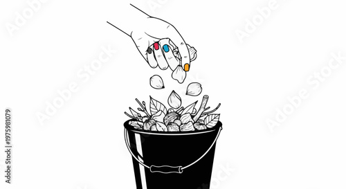 Hand dropping ingredients into a bucket of organic matter