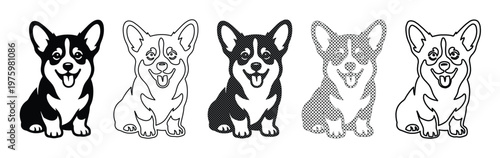 Corgi dog vector set, sitting welsh corgi puppy illustrations in black and white line art, 5 cute pet icons for logos and stickers