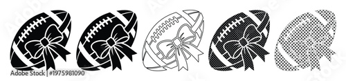 American football with bow vector set, feminine sports graphics for game day, black and white football icons for cheerleading and fan apparel