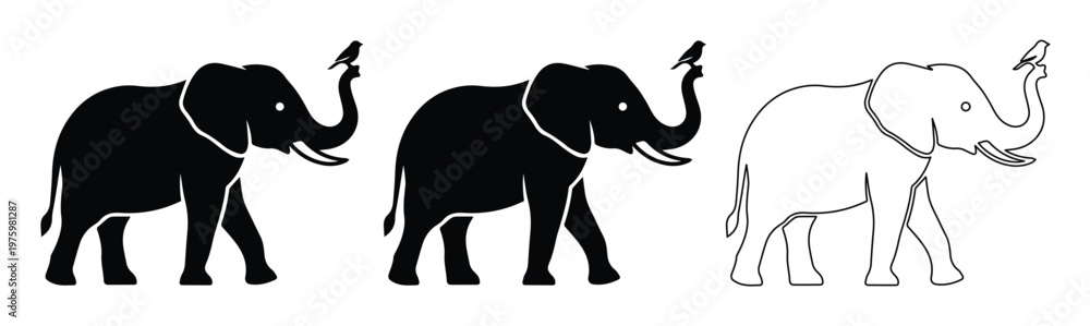 Fototapeta premium Vector black elephant silhouette and outline icon set with trunk up, isolated on white