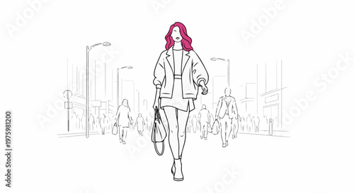 Fashionable woman with pink hair walks down a busy city street