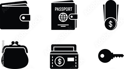 Personal finance and travel items silhouette vector icon collection featuring wallet passport money clip coin purse cash case and key arranged in grid layout isolated on white background
