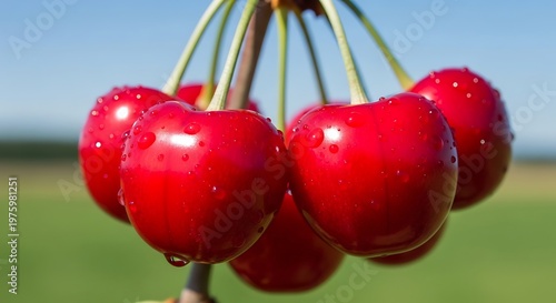 Fresh Red Cherries Bunch with Water Droplets