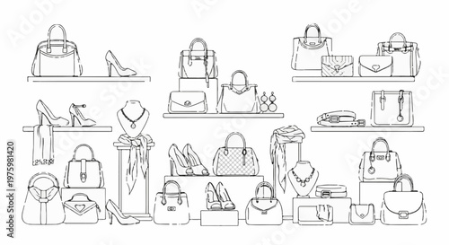 Fashion accessories display handbags, shoes, and jewelry on shelves and stands