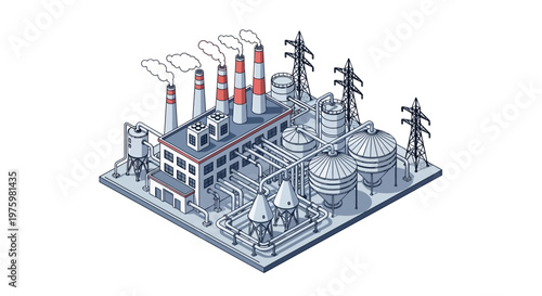 Industrial power plant complex with multiple structures, smoke stacks, and industrial equipment, rendered in isometric perspective
