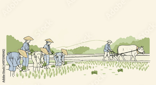 Farmers in traditional attire work a field with a cow-drawn plow
