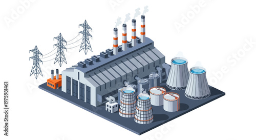 Industrial Power Plant with Cooling Towers and Electrical Grid Connections, Generating Energy