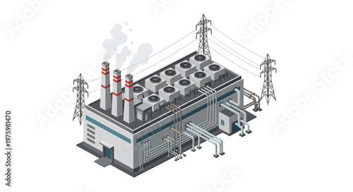 Industrial power plant with cooling towers and transmission lines, symbolizing energy production and infrastructure development