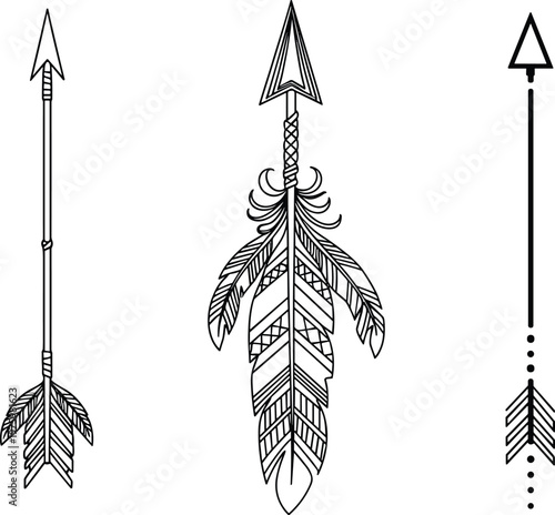 Boho Arrow Set with Tribal Feather Elements for Ethnic, Decorative, and Tattoo Style Vector Illustration Designs