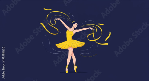 Elegant ballerina in yellow tutu dancing with flowing ribbons illustration