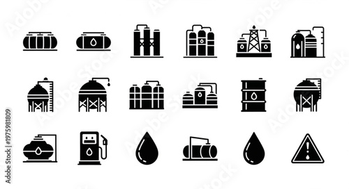 Oil and Gas Industry Icons - Refinery, Storage Tanks, and Fuel Elements.