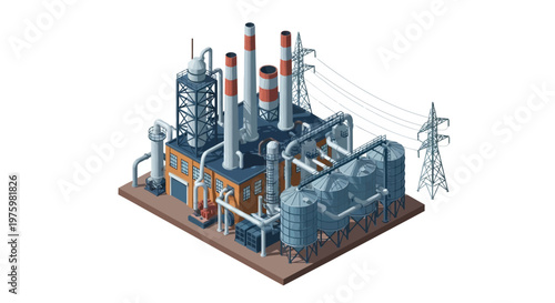 Industrial factory with smokestacks and power lines, symbolizing manufacturing and energy production