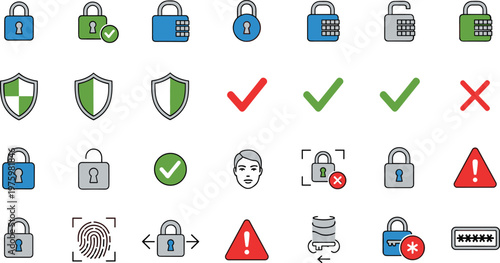 Cyber security icon set with lock shield password protection authentication symbols for web app interface and data safety design