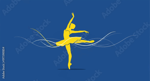 Dynamic yellow ballerina illustration with flowing light lines background