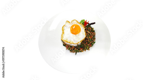 Obraz na plátně Top view of Pad Kra Pao, Thai stir-fried minced beef with holy basil and fried egg isolated on transparent background
