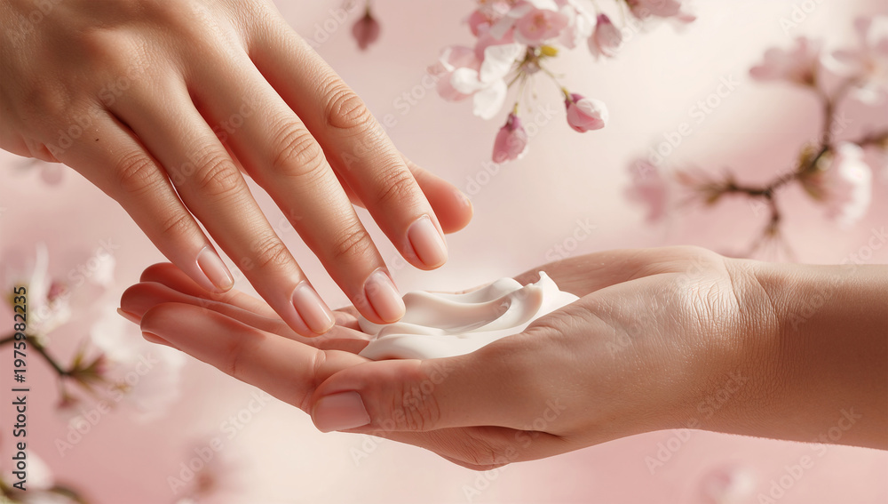 Naklejka premium 桜の香りのハンドクリームが手肌に春の潤いを与える日本人の手元