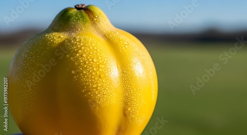Fresh Yellow Quince Fruit with Water Droplets