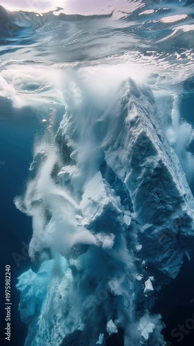 Icebergs shatter underwater as morning light dances through the cold water