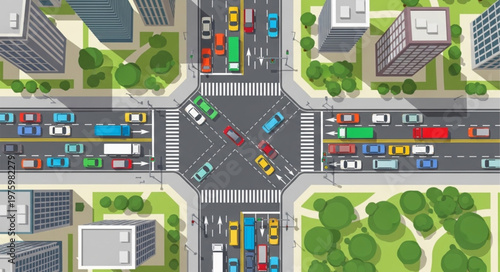 Aerial View of a Busy City Intersection with Traffic.
