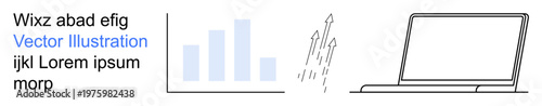 Business growth, technology, data analysis, productivity, entrepreneurship, innovation. Bar chart, upward rocket arrows and laptop illustration. Business growth and technology concepts