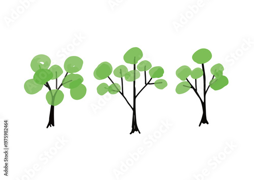 Set of Hand-Drawn Vector Illustrations of Green Deciduous Trees Against a White Background