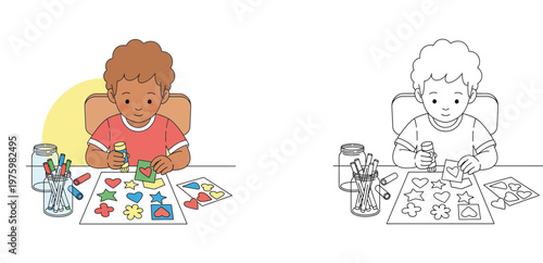 Little boy crafting and gluing colorful shapes on paper, colored vector illustration and black and white coloring page line art for kids.