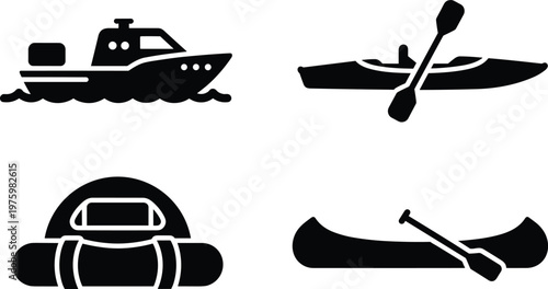 Water adventure silhouette vector set featuring motorboat kayak canoe and camping backpack icons isolated on white background