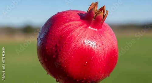 Ripe Red Pomegranate with Water Droplets Close Up