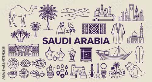 saudi arabia culture and desert art, hand drawn riyadh landmarks, aesthetic saudi travel doodles, creative saudi arabia tourism line art, minimal desert landscape icons, scrapbook saudi travel element