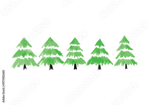 Row of hand drawn pine trees green forest border vector illustration
