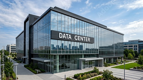 A sleek data center with large glass windows under a bright sky. Modern design emphasizes technology and efficiency.