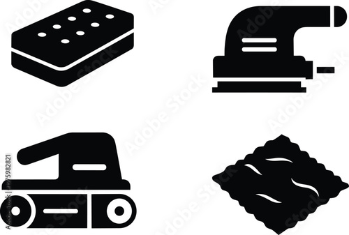 Wood sanding tools silhouette vector icon collection featuring sandpaper electric sander belt sander and abrasive sheet arranged in grid layout isolated on white background