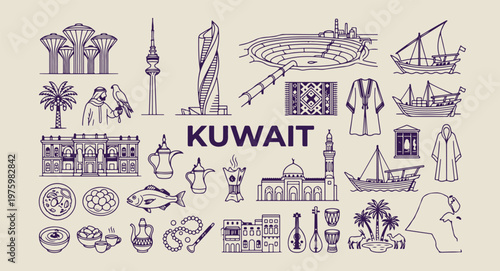 kuwait travel and skyline doodles, hand drawn kuwait city sketches, aesthetic kuwaiti culture art, creative kuwait tourism line art, minimal middle east travel icons, scrapbook kuwait travel elements,