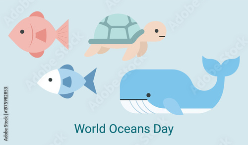 Flat design ocean animals, simple fish, turtle, whale, cute style isolated on background. World ocean day theme vector