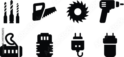 Workshop tools and electrical equipment silhouette vector icon set featuring drill bits hand saw circular saw electric drill motor battery pack and power plugs isolated on white background