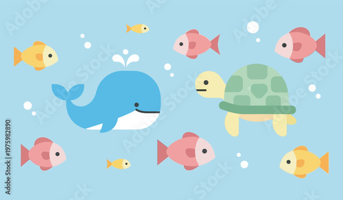 Flat design ocean animals, simple fish, turtle, whale, cute style isolated on background. World ocean day theme vector