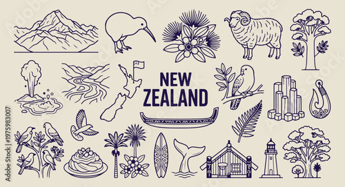 new zealand nature and kiwi art, hand drawn auckland landmarks, aesthetic kiwi culture doodles, creative new zealand travel icons, minimal maori design line art, scrapbook new zealand travel elements,