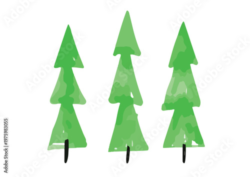 Cute green pine trees set simple hand drawn vector illustration