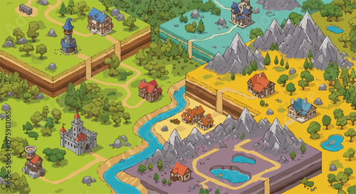 Isometric fantasy game map vector, medieval kingdom world builder with castles and mountains, strategic RPG landscape design, colorful adventure environment with river and forest isolated PNG
