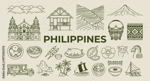 philippines travel and island doodles, hand drawn manila landmarks, aesthetic filipino culture sketches, creative philippines tourism line art, minimal tropical beach icons, scrapbook philippines trav