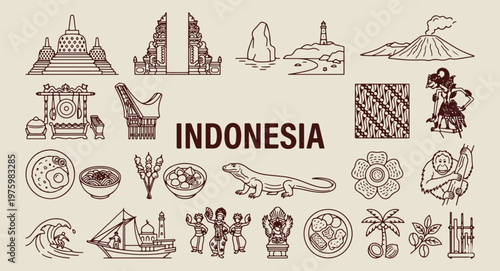 indonesia travel and nature doodles, hand drawn bali landmarks, aesthetic indonesian culture sketches, creative indonesia tourism line art, minimal tropical island icons, scrapbook indonesia travel el
