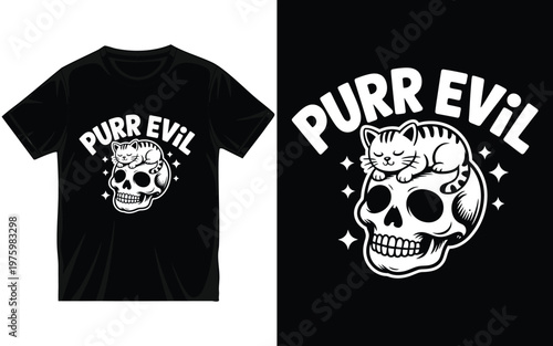 Purr Evil T-Shirt Design with Cute Kitten Sleeping on Skull, Funny Cat Pun Gothic Vector Illustration