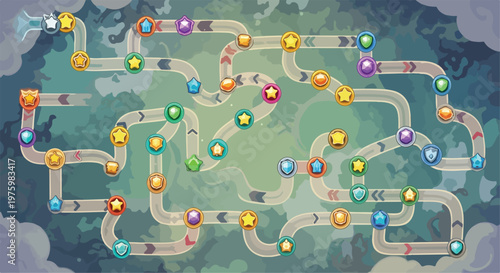 Fantasy game map level selector vector, colorful casual mobile game level map with winding paths and star icons, cartoon adventure game world map for ui design isolated PNG with Transparent